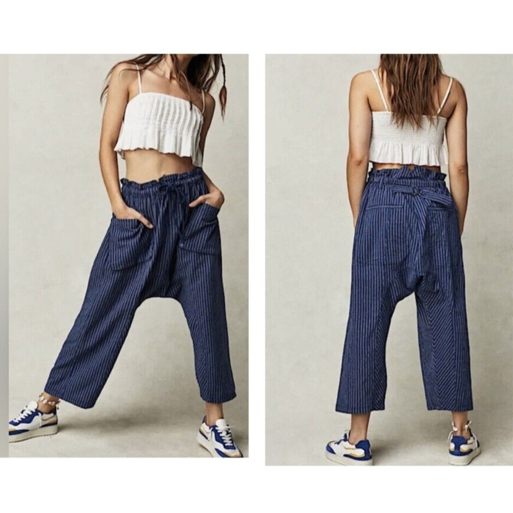 Free People Runyon Oversized Pants Harem Tie Elastic Waist Blue Stripe Sm NWOT